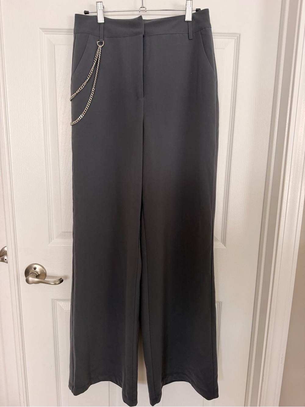 Nasty Gal Charcoal Gray Wide-Leg Pants with Silver Chain